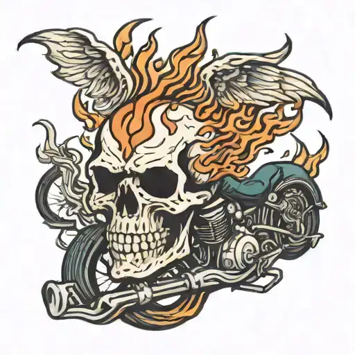 Motorcycle Skull with Flames Around It tattoo design idea