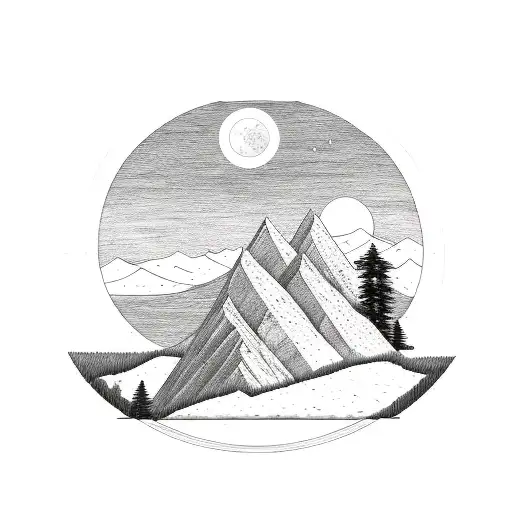 mountains with trees and a river, with a passive bear in the middle, with contrast of sun and moon tattoo design idea
