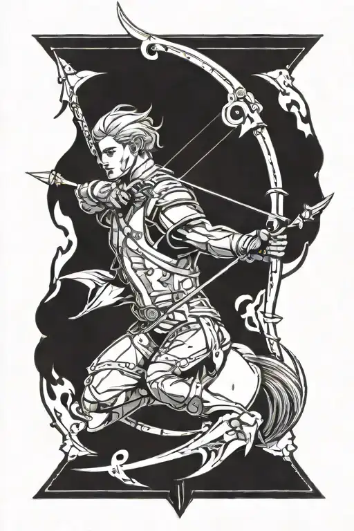 A dynamic blackwork tattoo featuring a Sagittarius archer in action, with a subtle nod to Mopar cars integrated into the design tattoo design idea