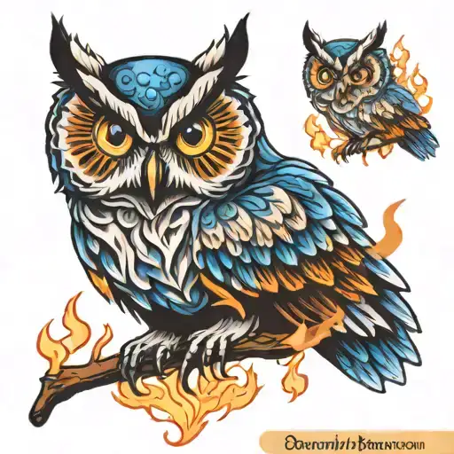 OWL WITH BLUE EYES AND FIRE tattoo design idea
