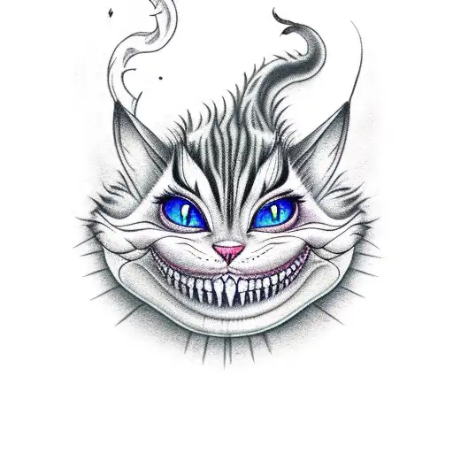 A smoking Cheshire Cat cooking over a campfire tattoo design idea