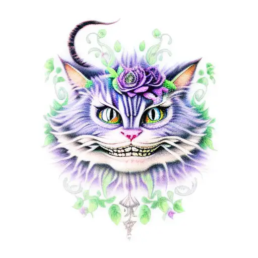 Cheshire cat blending into a surreal forest tattoo design idea