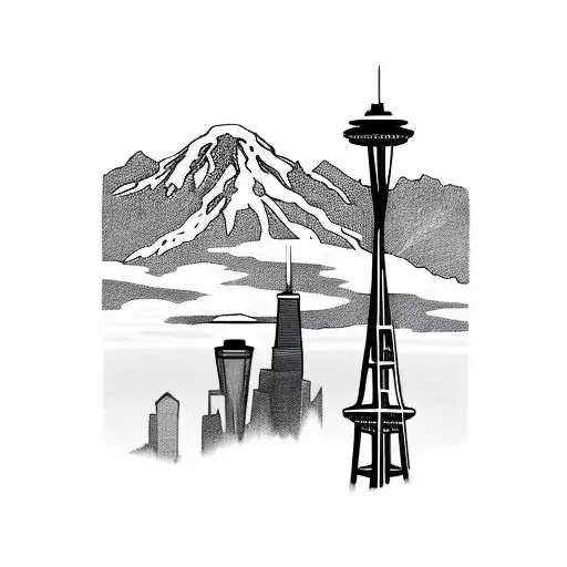 mount rainier in the middle, with the seattle skyline on the left. and the chicago skyline on the right tattoo design idea