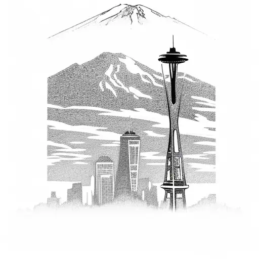 mount rainier in the middle, with the seattle skyline on the left. and the chicago skyline on the right tattoo design idea