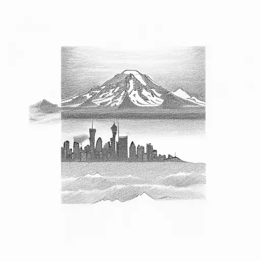 mount rainier in the middle, with the seattle skyline on the left. and the chicago skyline on the right.  tattoo design idea