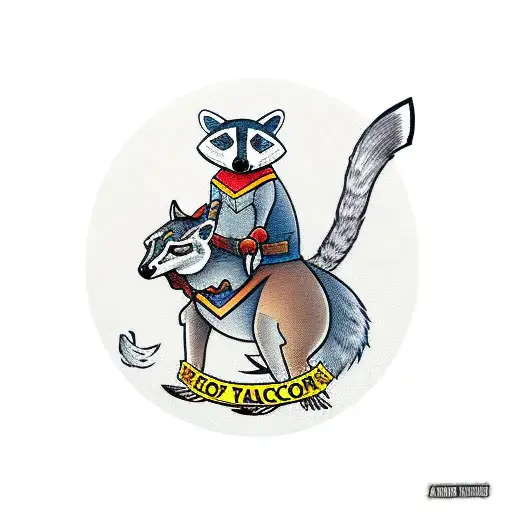 racoon knight, with lance,  riding a kangaroo  tattoo design idea
