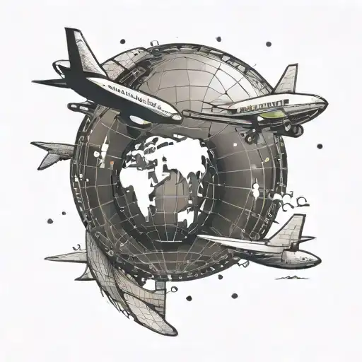 A globe with a plane flying around in a dotted line.  tattoo design idea