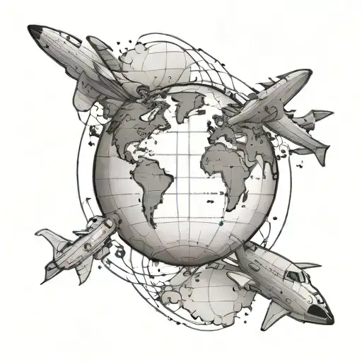 A simple globe that has all the continents with 1 small plane flying around in a dotted line.  tattoo design idea
