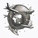 A globe with a plane flying around in a dotted line.  tattoo design idea