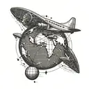 A globe with a plane flying around in a dotted line.  tattoo design idea