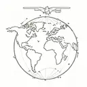 A simple globe containing all 7 continents with a small simple plane flying around it while following a dotted line tattoo design idea