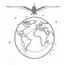 A simple globe containing all 7 continents with a small simple plane flying around it while following a dotted line tattoo design idea