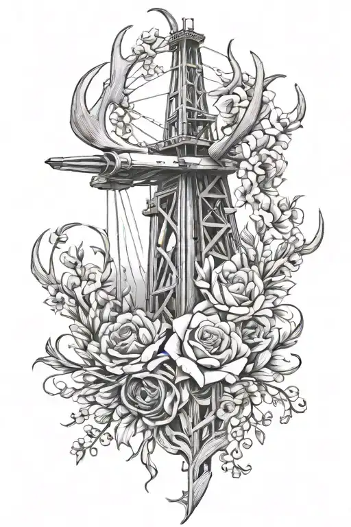 antler intertwined, oil rig drilling rig, semi truck parked, rose, lily, doves flying, wheat stock tattoo design idea