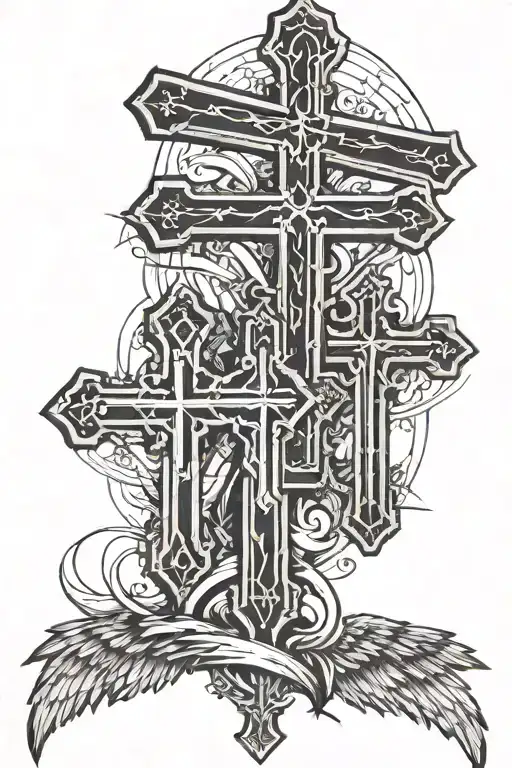 3 and three crosses with angles wings on the side and a halo on top tattoo design idea