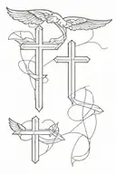 3 and three crosses with angles wings on the side and a halo on top tattoo design idea