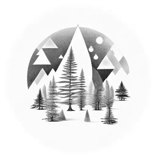 A serene forest with hidden symbols integrated into the trees tattoo design idea