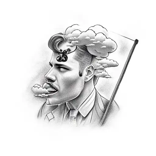 Man in suit on ladder with cloud as a head tattoo design idea
