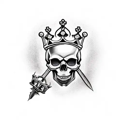 Skull wearing crown with dagger in its mouth tattoo design idea