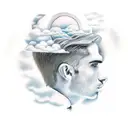 Man in suit on ladder with cloud as a head tattoo design idea