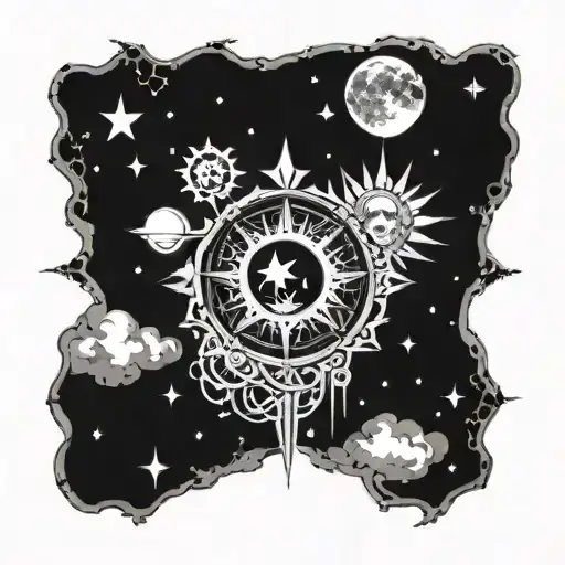 A celestial themed sleeve tattoo featuring the moon, sun, and stars intertwined with elements of metal music and gothic imagery tattoo design idea
