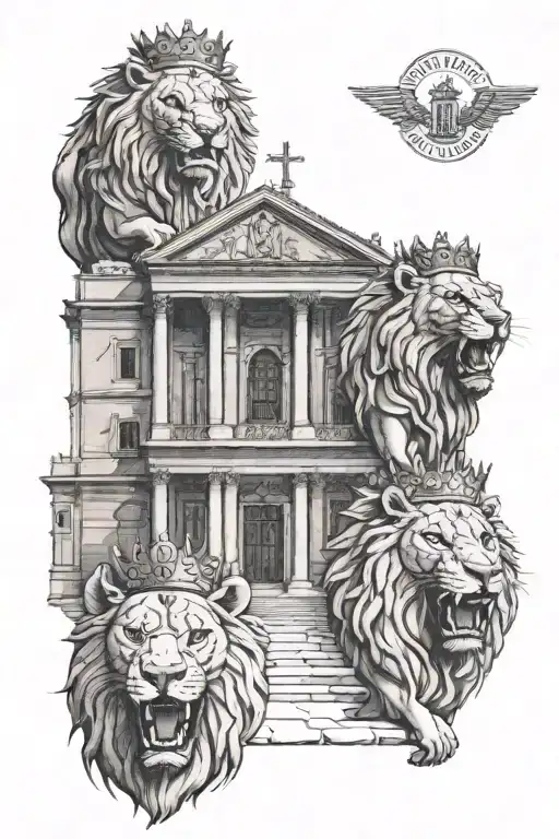 3 lions with crowns on their heads standing infront of the church of St. Donatus in Zadar, Croatia tattoo design idea