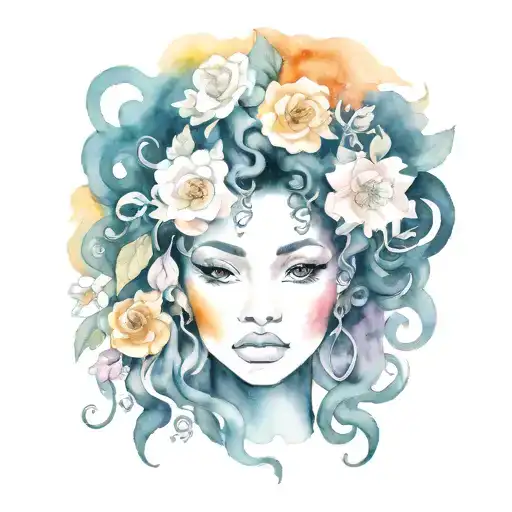 dark mystical Medusa African woman face big hair flowers tattoo design idea