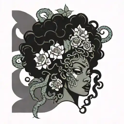 dark mystical Medusa African woman face big hair flowers tattoo design idea