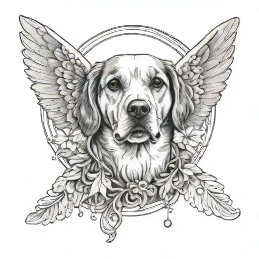 A realistic portrait of your dog with a halo and wings, symbolizing its angelic presence tattoo design idea