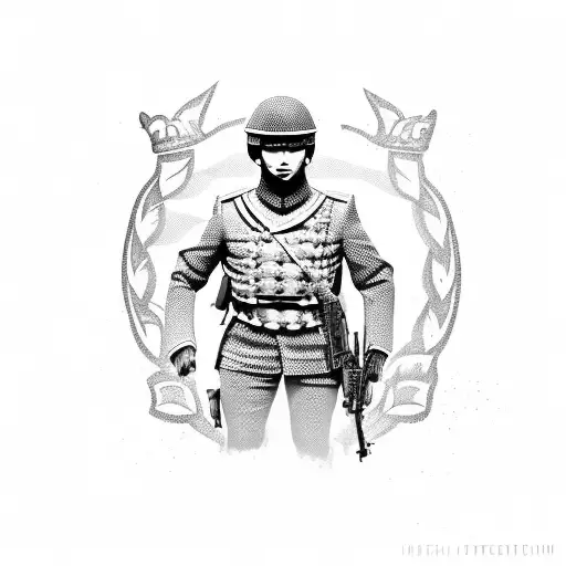 A blackwork design featuring a Carabinieri soldier in a Call of Duty scene tattoo design idea