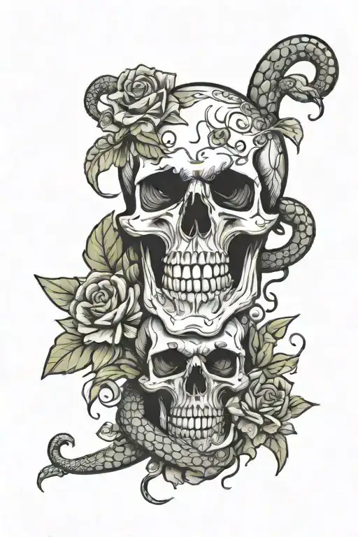 a skull with a snake with flowers tattoo design idea