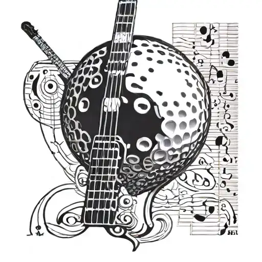 A golf ball morphing into a guitar neck with strings made of family members' names tattoo design idea