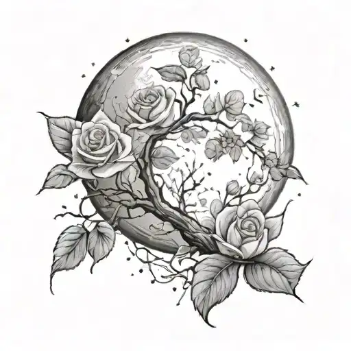 a moon with a rose inside and a flowering tree tattoo design idea