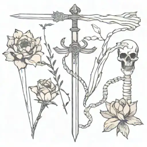 sword, water, snake, skeleton hand, flowers, North Star  tattoo design idea