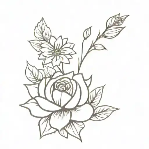 A minimalist design of a bouquet of flowers with a rose, daisy, violet, chrysanthemum, and hydrangea along the spine, accompanied by a meaningful phrase in French tattoo design idea