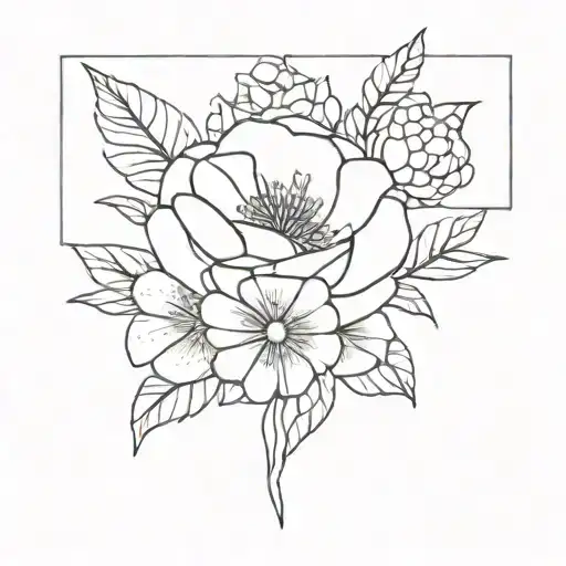 Flower bouquet with a rose, violet, daisy, chrysanthemum, hydrangea tattoo design idea