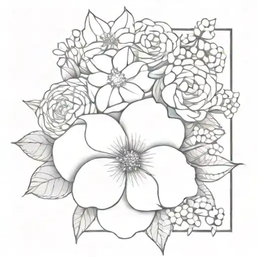 Bouquet of fine line flowers with a rose, violet, daisy, chrysanthemum, hydrangea tattoo design idea
