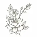 A minimalist design of a bouquet of flowers with a rose, daisy, violet, chrysanthemum, and hydrangea along the spine, accompanied by a meaningful phrase in French tattoo design idea