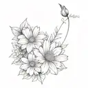 A minimalist design of a bouquet of flowers with a rose, daisy, violet, chrysanthemum, and hydrangea along the spine, accompanied by a meaningful phrase in French tattoo design idea