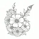 A minimalist design of a bouquet of flowers with a rose, daisy, violet, chrysanthemum, and hydrangea along the spine, accompanied by a meaningful phrase in French tattoo design idea