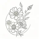 A minimalist design of a bouquet of flowers with a rose, daisy, violet, chrysanthemum, and hydrangea along the spine, accompanied by a meaningful phrase in French tattoo design idea