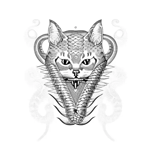A cat with snake-like patterns and fangs, surrounded by nature elements tattoo design idea