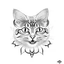 A cat with snake-like patterns and fangs, surrounded by nature elements tattoo design idea