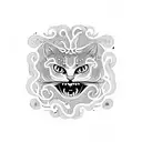 A cat with snake-like patterns and fangs, surrounded by nature elements tattoo design idea