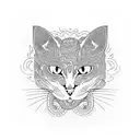 A cat with snake-like patterns and fangs, surrounded by nature elements tattoo design idea