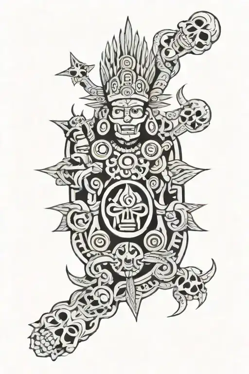 mayan god surrounded by skulls facing each tattoo design idea