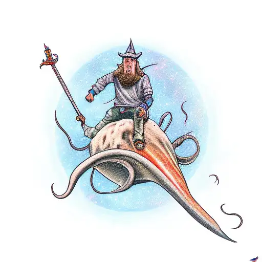 A wizard casting spells while riding on top of a giant squid tattoo design idea