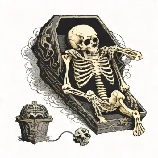 A detailed illustration of a human skeleton lying inside a black coffin-shaped background. The skeleton is in an anatomi tattoo design idea