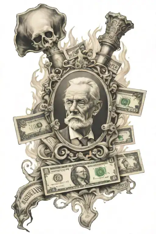 family over fortune with money burning in da back ground tattoo design idea