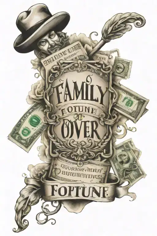 family over fortune with money burning in the back ground words tattoo design idea