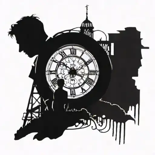 Tattoo Silhouette of a father and son standing in front of an old tower with a clock showing the time 4:28. Behind the t tattoo design idea